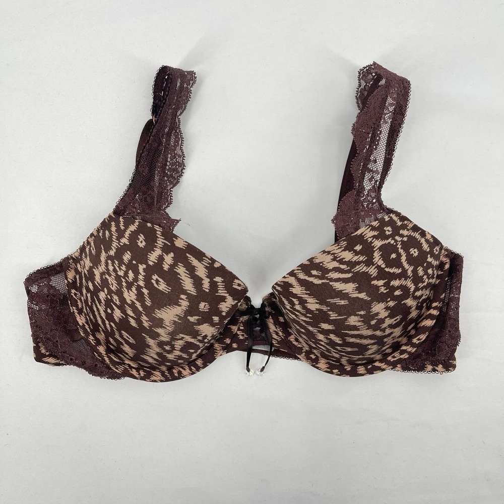 Y2K Victoria's Secret Leopard Lace Bra 36B Demi Bow Bling Brown Lingerie McBling